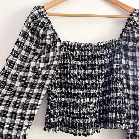 H&M Smocked Blouse Gingham Long Sleeve Crop Top - Picture 8 of 15